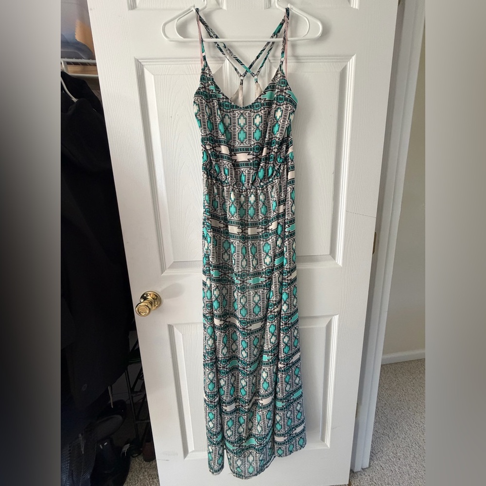 Forever 21 Teal, White and Black Printed Strappy Maxi Dress